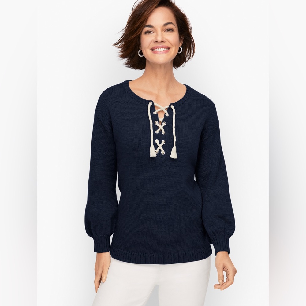 Talbots Plus Navy Lace Up Sweater Size 1X Bishop Sleeve Ribbed Hem Nautical Boat